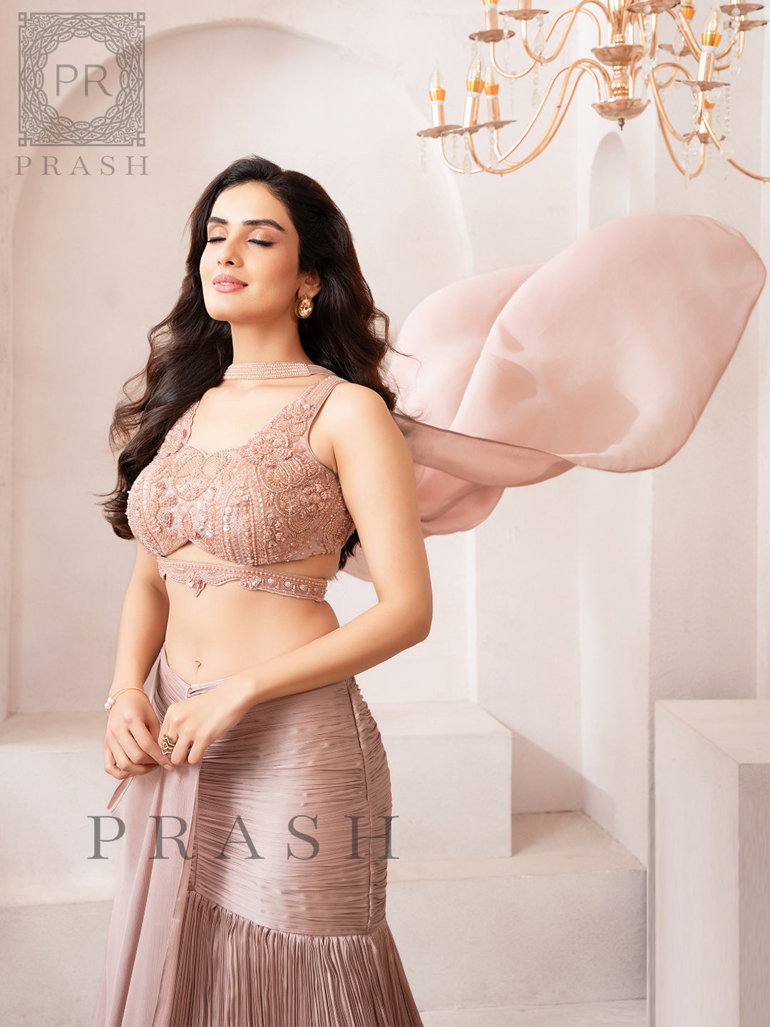 Rose Gold Indo Western Fishcut Lehenga Wedding Wear