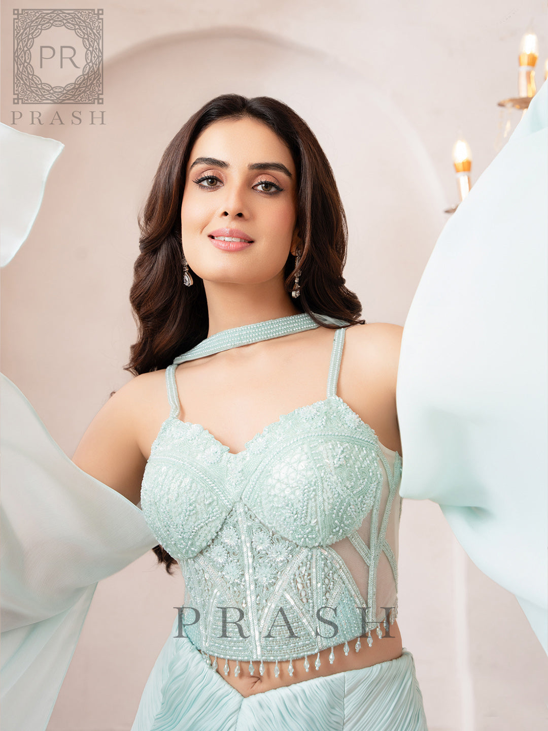 Ice Blue Indo Western Fishcut Lehenga