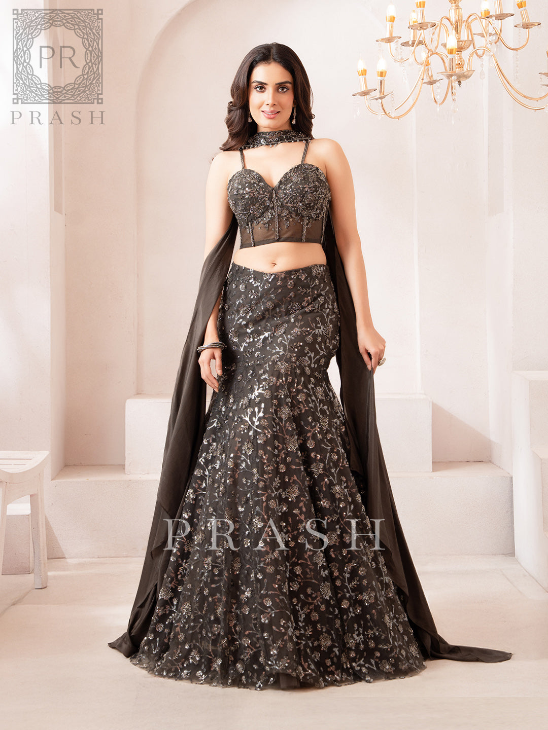 Gray Indo Western Fishcut Lehenga
