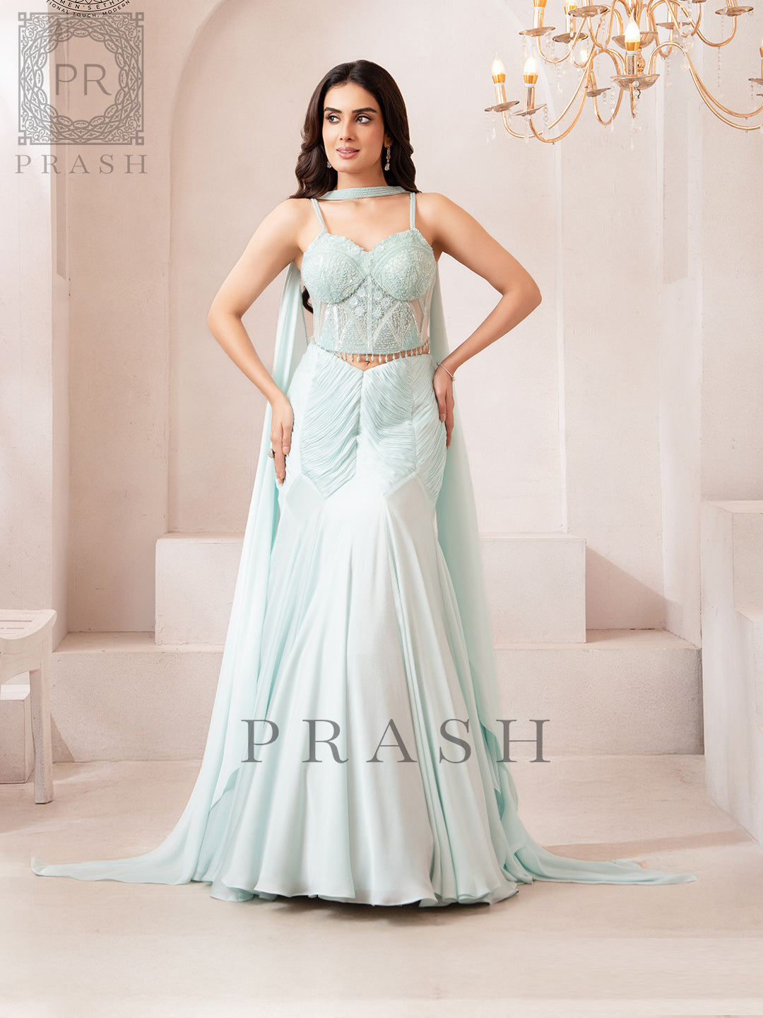 Ice Blue Indo Western Fishcut Lehenga