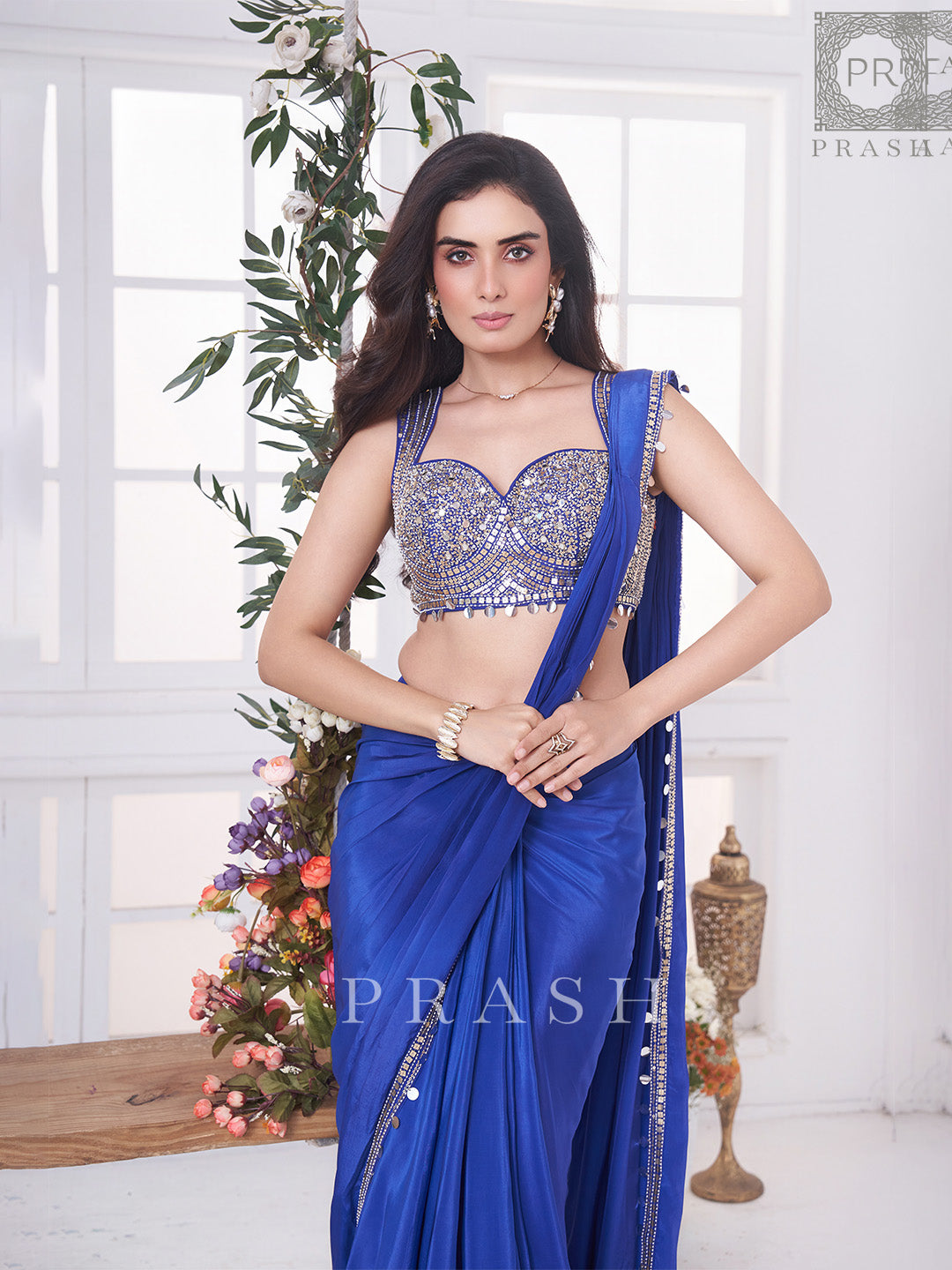 Plastic mirror pre draped saree