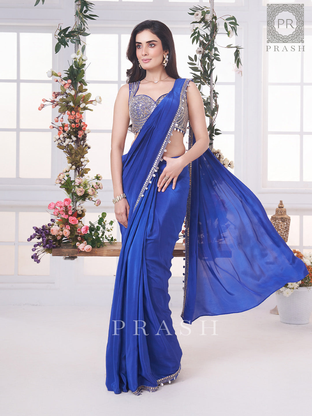 Plastic mirror pre draped saree