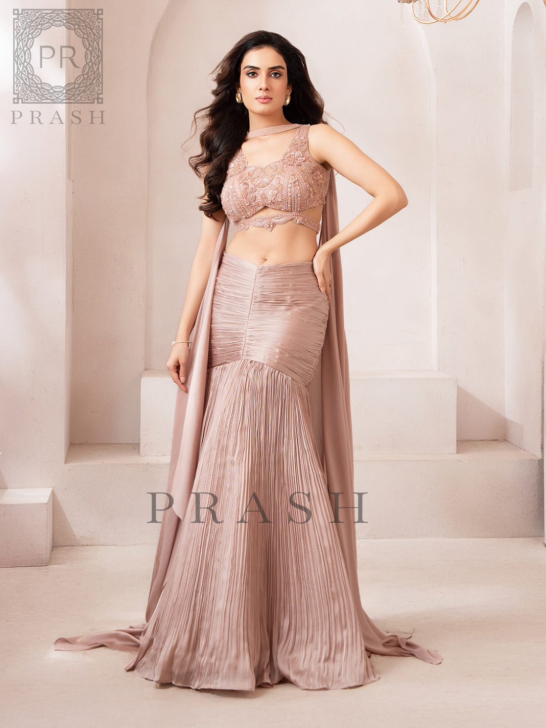 Rose Gold Indo Western Fishcut Lehenga Wedding Wear