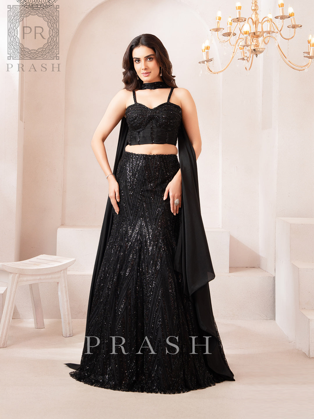 Designer Black Indo Western Fishcut Lehenga