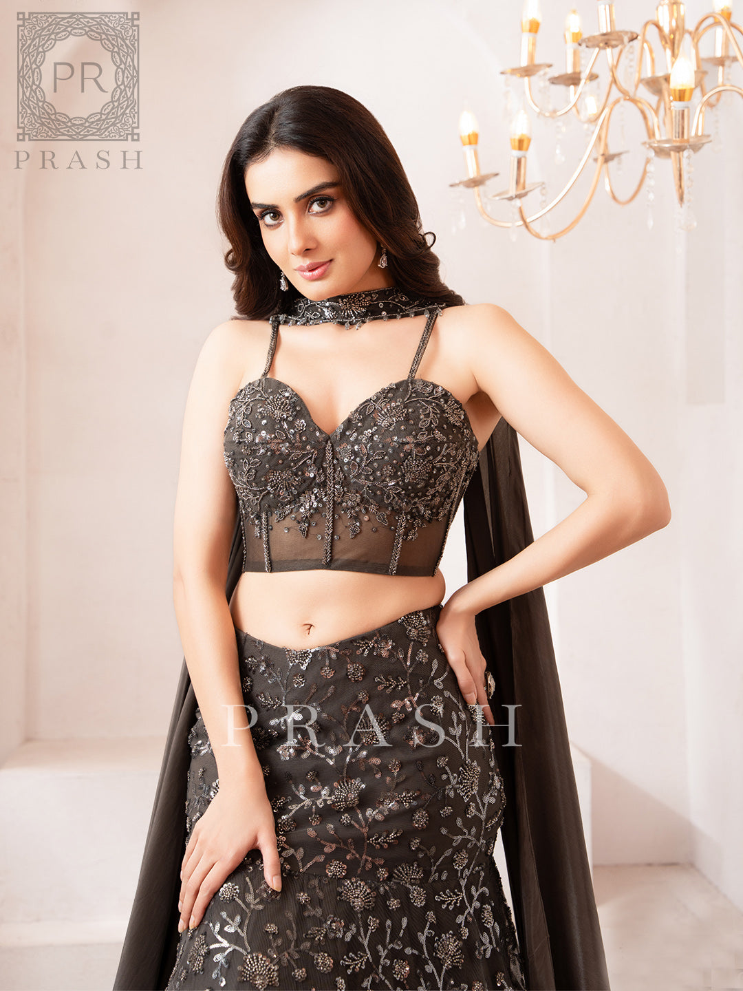 Gray Indo Western Fishcut Lehenga