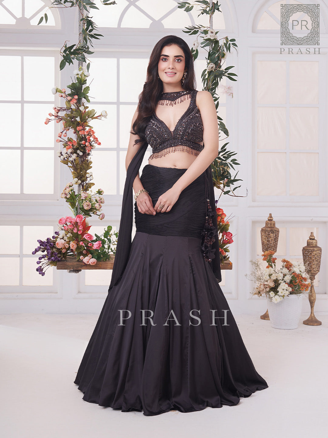 Chic Chocolate Brown Handwork Fusion Attire