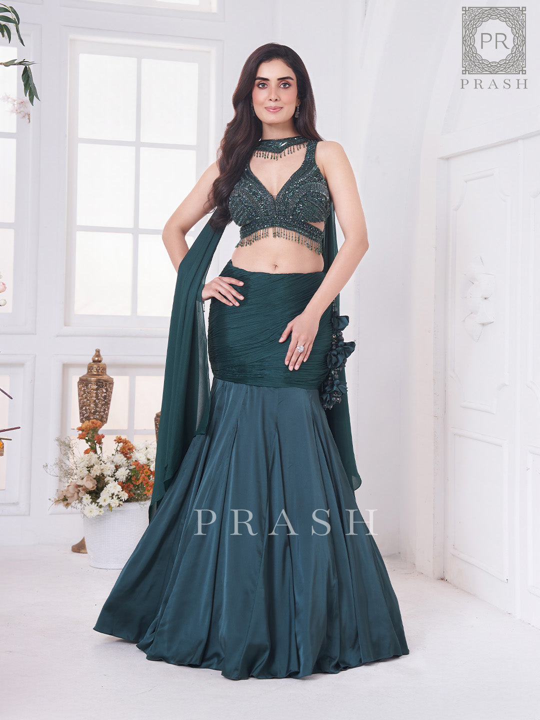 Lively Emerald Green Handwork Fusion Outfit