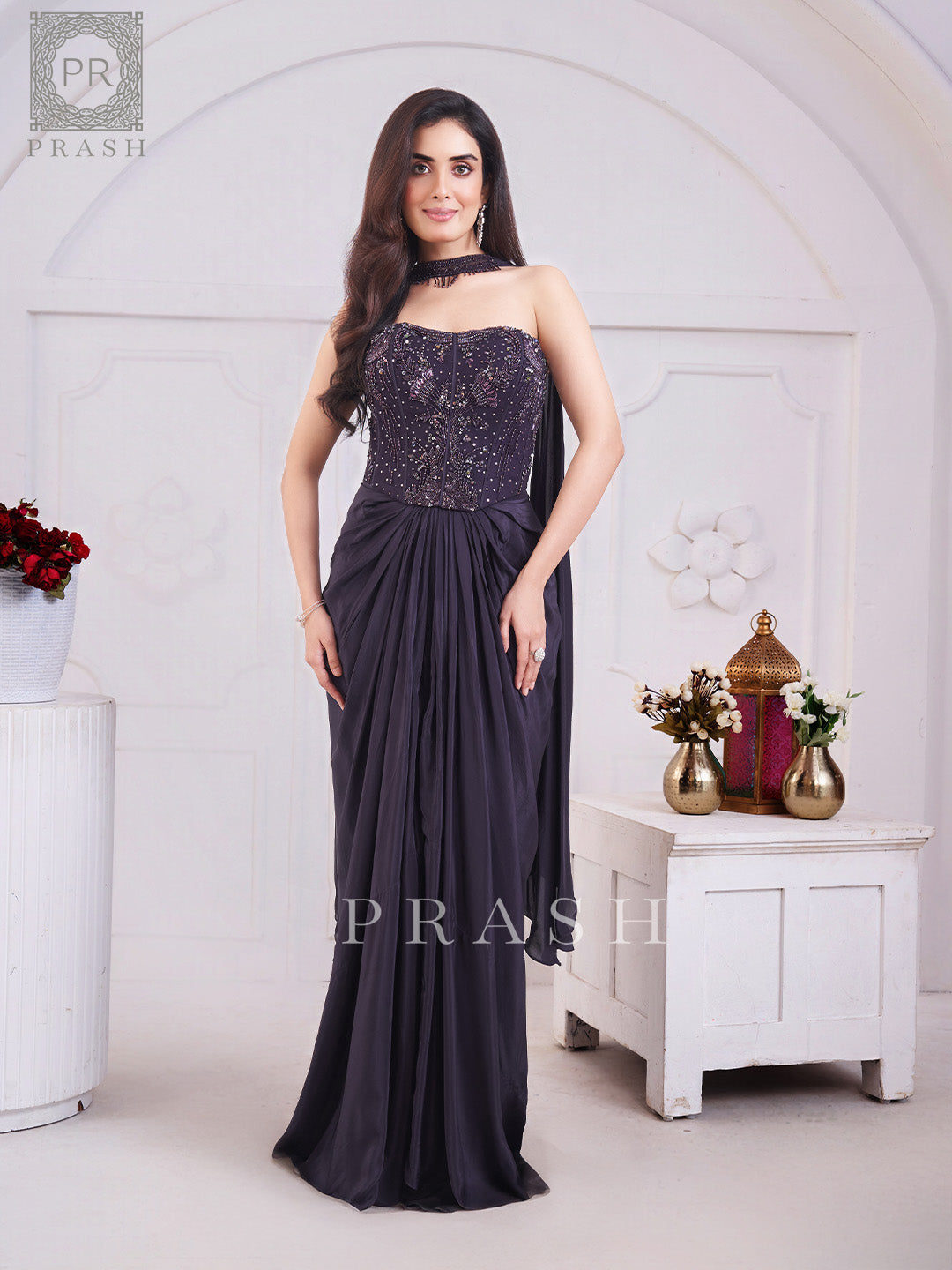 Majestic Deep Purple Hand-Embellished Lycra Look