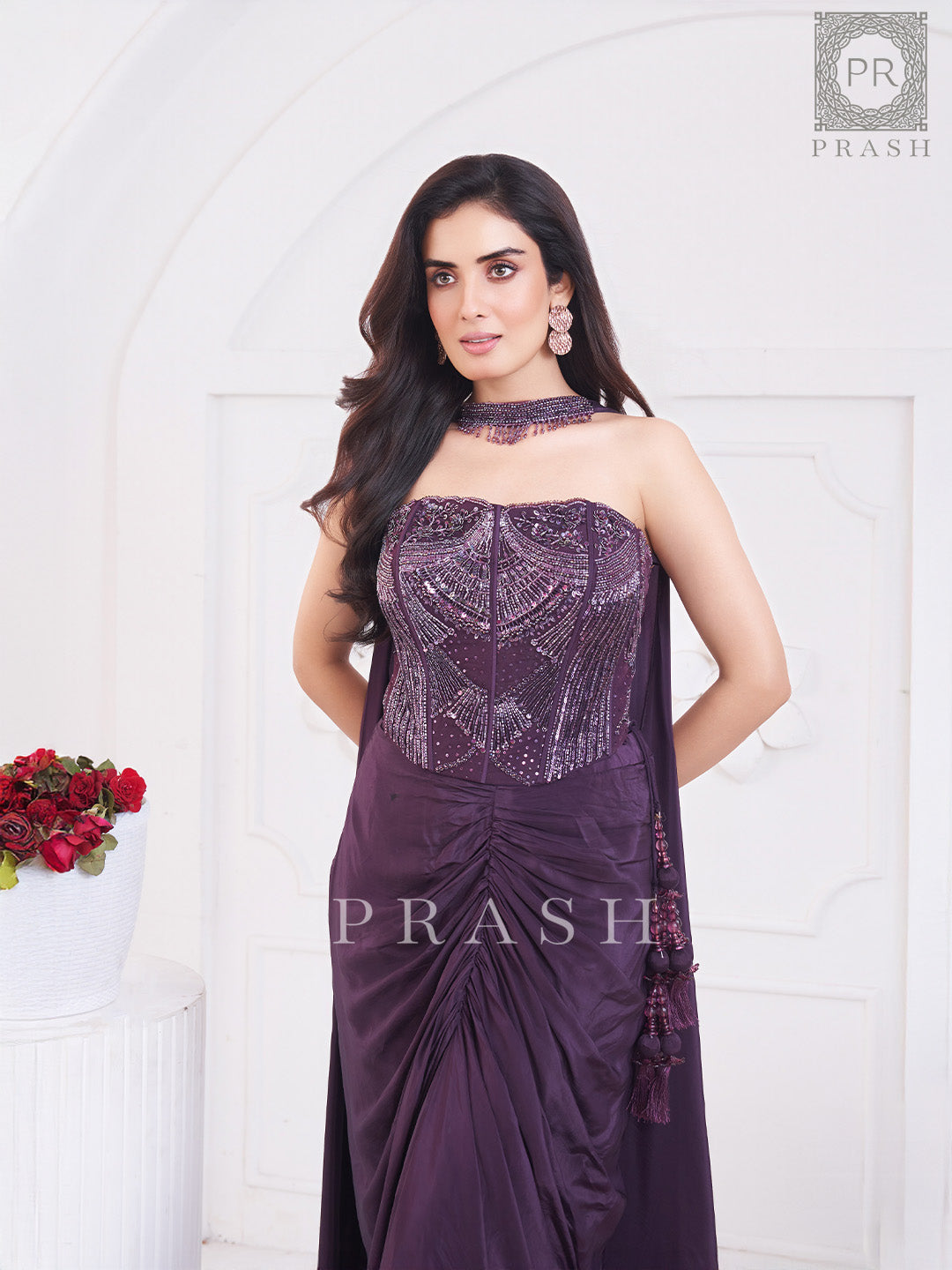 Wine-Colored Handwork Party Outfit